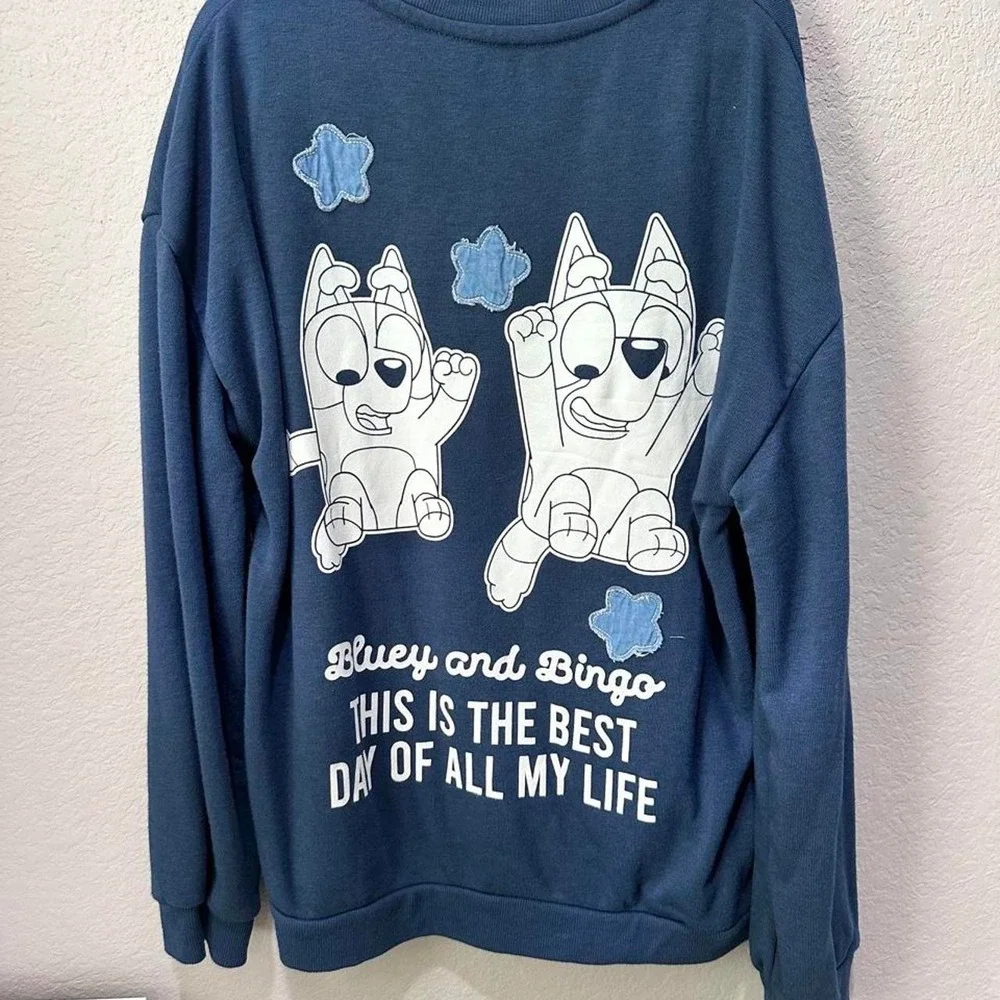 Bluey & Bingo Best Day Ever Denim Patch Graphic Sweatshirt Navy Kids Size XL